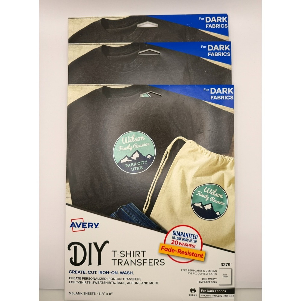 Lot of 3 Avery 3279 DIY T-Shirt Transfers Dark Fabrics Inkjet Iron-On 5 Sheets